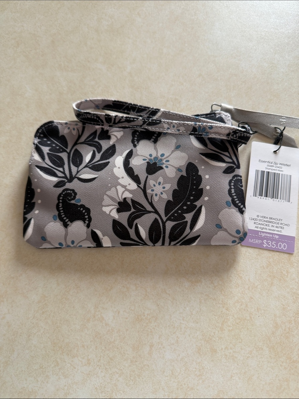 Vera Bradley Gray Floral Wristlet with Black & Light Blue Accents